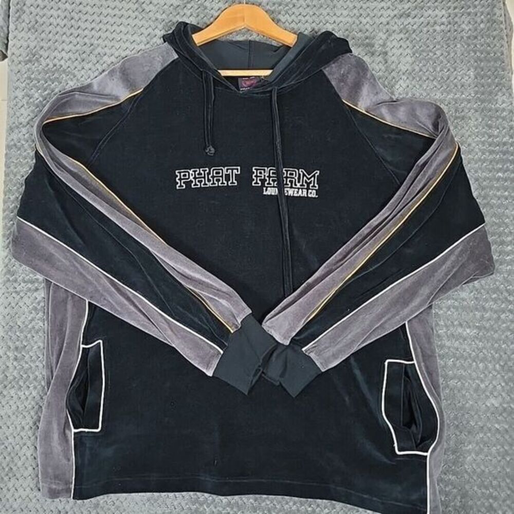 Vintage Phat Farm Velour Sweatshirt  Mens‎ XL Black Gray Spell Out Hoodie 90's